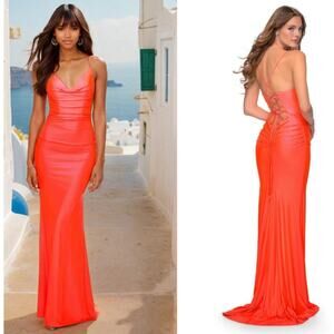 La Femme 29010 Dress in Neon Coral Lace up Back
